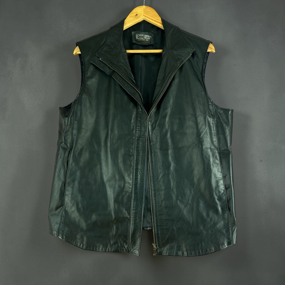 Vintage 90s Black Soft Leather Vest Minimalist Zip Front Oversized Moto Chic